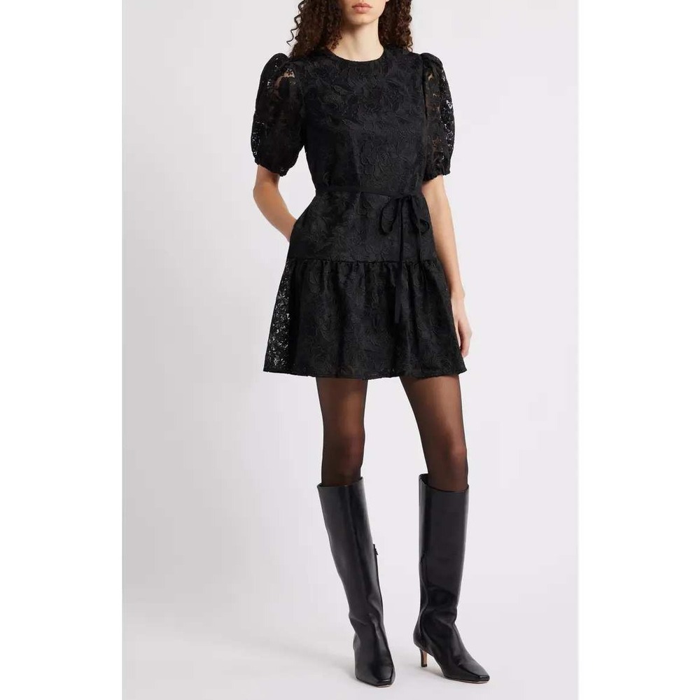 Caslon Lace Puff Sleeve Tiered Mini Dress In Black Size XL New With Tags